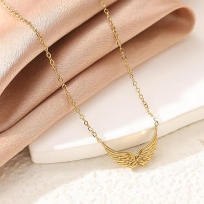 Silver/Gold Plated Angel Wing Pendant Necklace for Women Men | 18K Gold Guardian Angel Wings Feather Necklace Stainless Steel Simple Minimalist Necklaces Birthday Christmas Jewelry Gifts - color: Gold