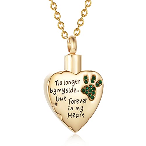 Fashion Pet Cremation Jewelry Stainess Steel Heart Keepsake Ashes Necklace Dog Cat Paw Memorial Urn Pendant - color: Gold-Green