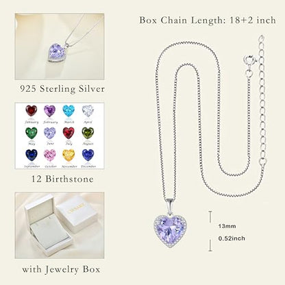 925 Sterling Silver Halo Heart Necklace for Women | Lwsary Love Heart Necklace, Heart Cut Birthstone Jewelry for Her - color: Lavender