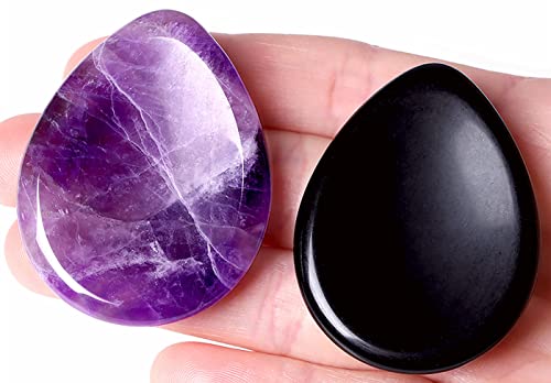 QINJIEJIE 2PCS Thumb Worry Stone Amethyst Obsidian Healing Crystals Hand Carved Stones Pocket Gemstones Sets Meditation Crystal Reiki Relax Palm Stone for Anxiety Therapy Relief - color: D-amethyst & Obsidian - Water Drops Shaped