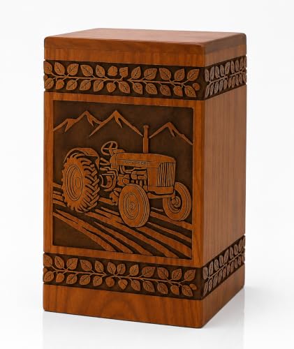 Tractor Wooden Cremation Urn for Human Ashes Adult – Handcrafted Rosewood Memorial Urn Box with Tractor Engraving (Design 1, (Small - 8" Hx4.75 W (115 Cu/in)) - color: Design 1, size: (Small - 8" Hx4.75 W (115 Cu/in)