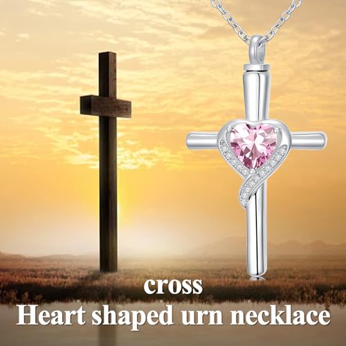 TOUPOP Cross Urn Necklaces for Ashes Birthstone Cremation Jewelry 925 Sterling Silver Cross Memorial Keepsake Funeral Jewelry for Women (with Funnel Filler) - color: 10-October-Pink Tourmaline
