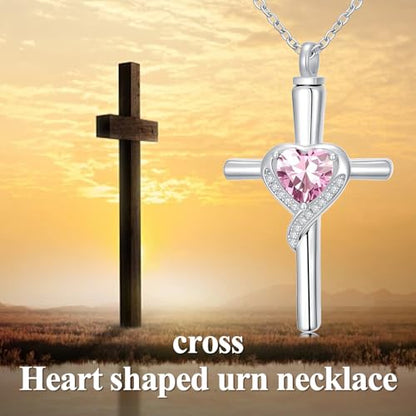TOUPOP Cross Urn Necklaces for Ashes Birthstone Cremation Jewelry 925 Sterling Silver Cross Memorial Keepsake Funeral Jewelry for Women (with Funnel Filler) - color: 10-October-Pink Tourmaline