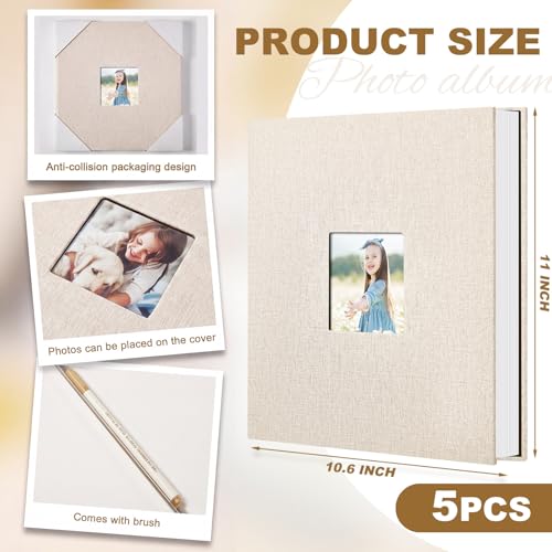 Jetec 5 Pcs 11 x 10.6 Inch Large Photo Album Self Adhesive, Beige | 40 Blank Pages, Photo Scrapbook, DIY Linen Cover Album with 5 Pcs Metallic Pen, Wedding Family Baby Travel Memory Pictures - color: Beige