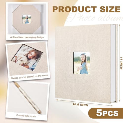 Jetec 5 Pcs 11 x 10.6 Inch Large Photo Album Self Adhesive, Beige | 40 Blank Pages, Photo Scrapbook, DIY Linen Cover Album with 5 Pcs Metallic Pen, Wedding Family Baby Travel Memory Pictures - color: Beige