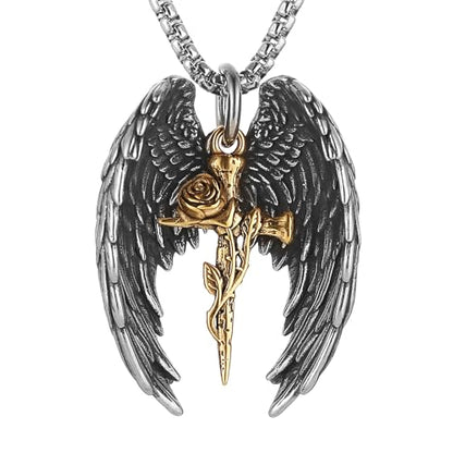HZMAN Angel Wing Necklace for Men Women Stainless Steel Gothic Punk Angel Wing Cross/Angel Pendant Faith Amulet Jewelry Gift - color: Rose Cross