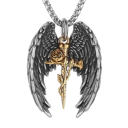 HZMAN Angel Wing Necklace for Men Women Stainless Steel Gothic Punk Angel Wing Cross/Angel Pendant Faith Amulet Jewelry Gift - color: Rose Cross