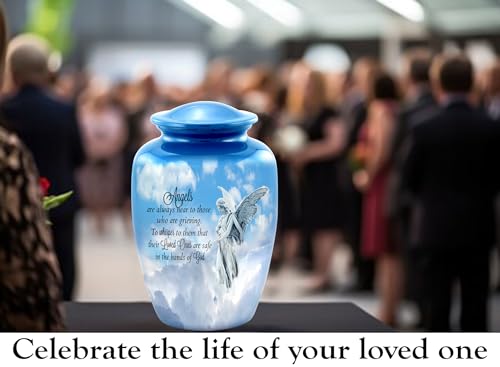 Guardian Angel Cremation Urn – Elegant Blue Adult Urn for Human Ashes – Heavenly Angel Funeral Urn for Men and Women – Large Memorial Urn Holds Up to 210 lbs with Velvet Bag (Large)