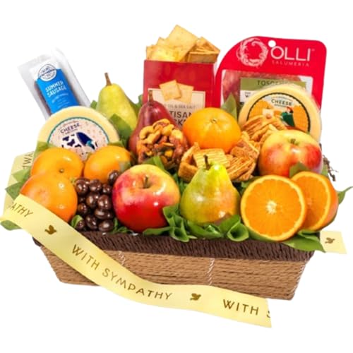 A Gift Inside Sympathy Fruit, Meat and Cheese Gift Basket – Fresh Fruit Basket with Pears, Apples, Oranges, Mandarins, Gouda Cheese, Salami, Summer Sausage & Gourmet Snacks with Sympathy Ribbon