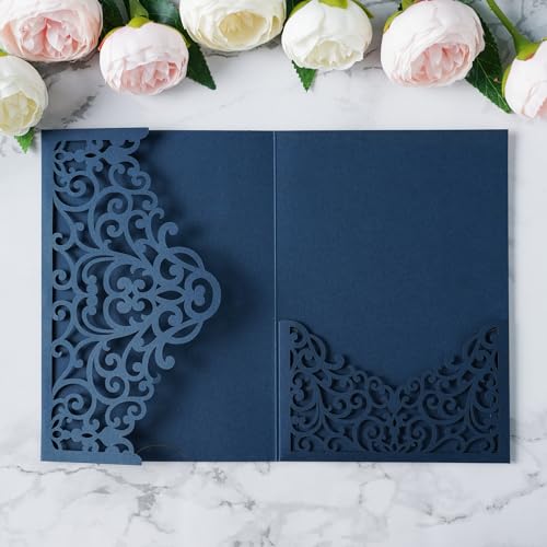 ponatia 20PCS Navy Blue Laser Cut Wedding Invitations Pockets, Tri-fold 5x7 Laser Cut Invitation Pockets for Wedding Bridal Shower Quinceanera 15 Anos Invite (No Envelopes & Inner Sheets) - color: Navy Blue