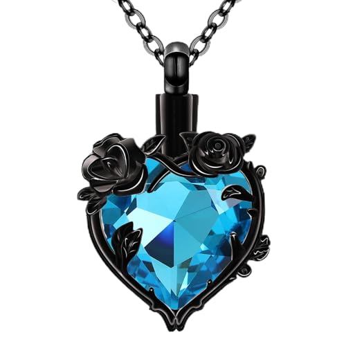 Heart Rose Flower Black Urn Necklaces for Ashes Cremation Jewelry for Women Human Ash Memorial Keepsake Pendant - color: Light Blue