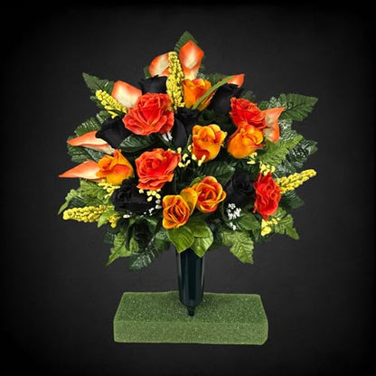 Headstone Saddle and Cemetery Cone Set with Orange and Black Rose Flowers for Halloween, Fall, and Motorcycle Biker Memorial Decoration