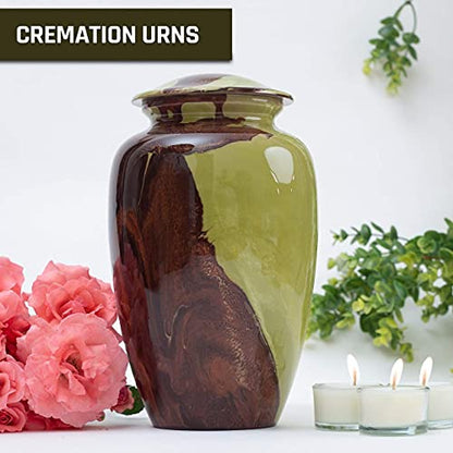 BOLD & DIVINE Beautiful Hand-Painted Adult Cremation Urn | 200 Cubic Inches | Urn Vase with Velvet Pouch - color: Green and Brown
