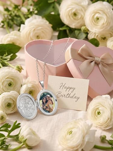 Custom Photo Locket Necklace Women Personalized Text Birth Flower Necklace that Hold Picture Stainless Steel Memorial Jewelry for Mothers Day Christmas - color: Silver Floral Lokcet Necklace
