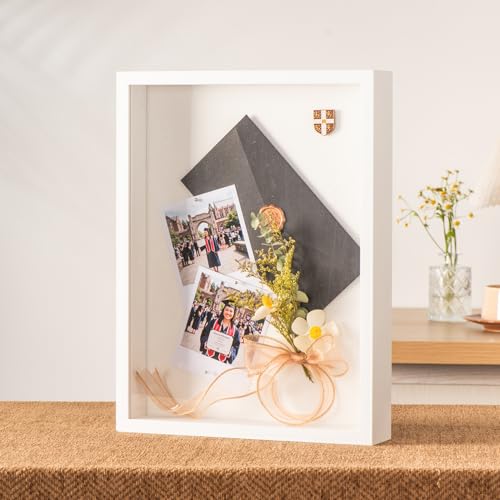 12x16 Large Shadow Box Frame with Thickened Acrylic Panel & Pins | With Push Pins, Deep 1.7" White Shadow Box Display Case – Display on Tabletop or Wall for Jersey, T-shirt, Keepsake, Wedding - color: White+high Definition Panel + Shatter-proof Packaging,