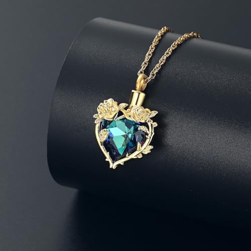 Cremation Jewelry for Ashes Rose Flower Urn Necklace with Crystal Heart Ashes Pendant Butterfly Necklaces for Women Men Memorial Keepsake Jewelry Gift - color: Gold-blue