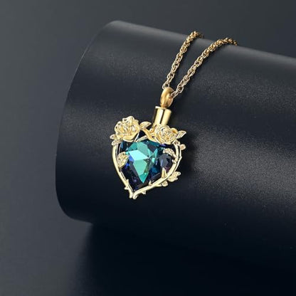Cremation Jewelry for Ashes Rose Flower Urn Necklace with Crystal Heart Ashes Pendant Butterfly Necklaces for Women Men Memorial Keepsake Jewelry Gift - color: Gold-blue