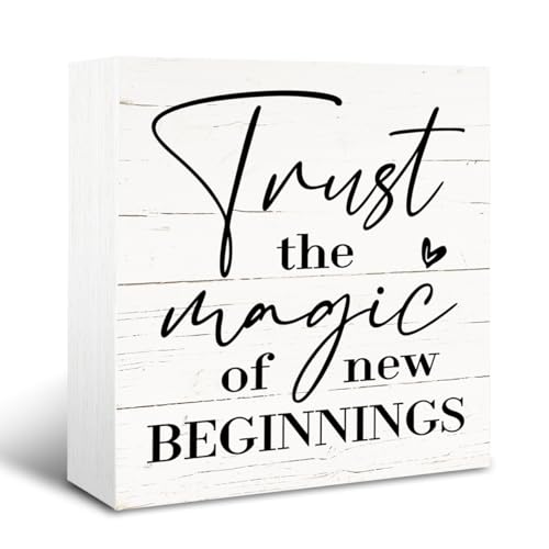 Inspirational Decor, Wooden Box Sign Decorative, Positive Home Office Decor, Encouragement Gift for New Beginning, Graduation Gifts, Trust the Magic of New Beginnings Sign, 5×5×1.2inches - color: Home06