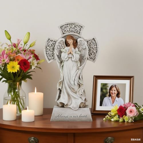 Memorial Angel Statue with Cross, 12 Inch Remembrance Angel for Loved One, Graveside or Home Sympathy Decor, Handwriting-Friendly Base