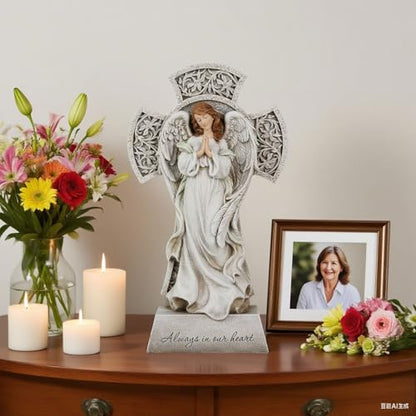 Memorial Angel Statue with Cross, 12 Inch Remembrance Angel for Loved One, Graveside or Home Sympathy Decor, Handwriting-Friendly Base