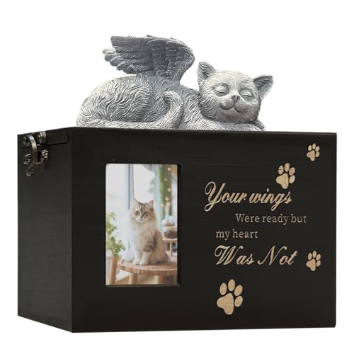Cat Urn for Ashes Box with Picture Black Funeral Cremation Box Wooden Keepsake with Flannel Lining for Loss of Pet Remembrance Gift (Cat Urn-Black, Large) - color: Cat Urn-black-wings, size: Large