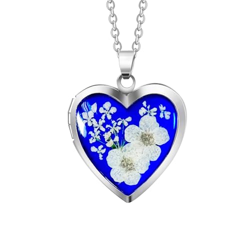 Handmade Heart Shaped Dried Pressed Forget Me Not Flower Photo Locket Pendant Necklace - color: Silver, style: WHITE+ROYAL BLUE