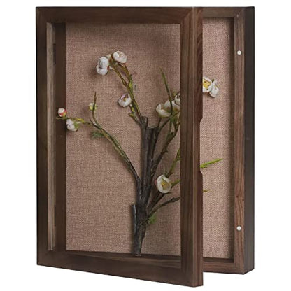 Deep Shadow Box Frame 11x14, Hinged Shadow Box with Door, Front Opening Shadow Boxes Display Cases for Collectibles Flowers Antique Bridal Bouquet Ticket Stub - Walnut | Solid Wood; 11x14-Inch Deep Display; Hinged Front-Opening Door; Linen Backing; Tablet