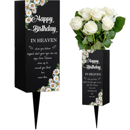 WEBEEDY Happy Heavenly Birthday Cemetery Vases Flower Grave Decorations for Cemetery, Metal Grave Flower Holder Memorial Vases Sympathy Condolences Gift Memorial Day for Loss of Loved One,3.1x7.9 Inch - color: Daisies, Birthday Memorial