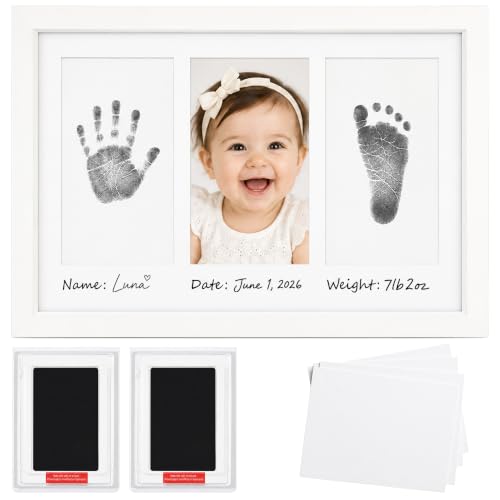 AURALYN Solid Wood with Real Glass Baby Handprint and Footprint Frame, 4x6 Keepsake with Ink Pad Kit, Newborn Baby Shower, Pet Paw Print Frame