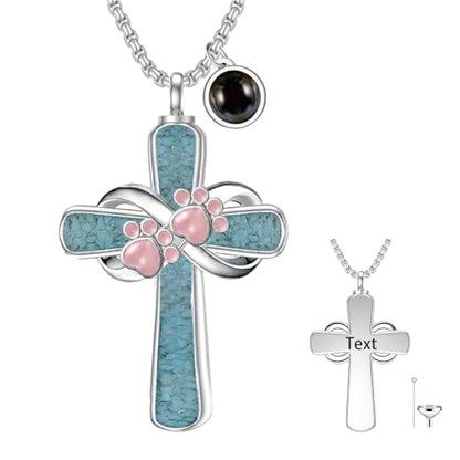 Turquoise Cross Urn Necklaces for Human Ashes 925 Sterling Silver Urn Necklaces Cremation Keepsake Memorial Pendant Necklace for Ashes for Loved One Human Pet - style: Paw Print&Pink-Text&photo