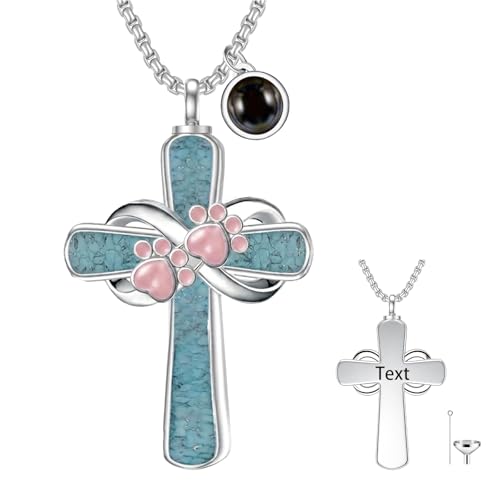 Turquoise Cross Urn Necklaces for Human Ashes 925 Sterling Silver Urn Necklaces Cremation Keepsake Memorial Pendant Necklace for Ashes for Loved One Human Pet - style: Paw Print&Pink-Text&photo