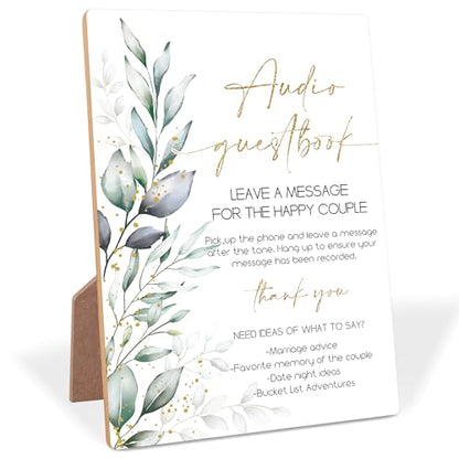 Greenery Wooden Wedding Sign, Audio Guestbook Sign, Floral Bridal Shower with Stand, Wedding Table for Reception, Engagement, Anniversary Event and Bachelorette Party Night, 09 - color: Audio Guestbook Sign-09