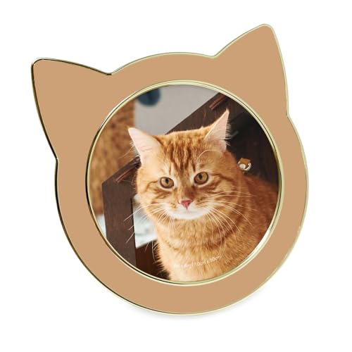 Isaac Jacobs 4x4 Camel w/Gold Round Enamel Cat Picture Frame w/Ears & Easel | Round Enamel Cat Picture Frame w/Ears - Tabletop, Home & Office Décor - color: Camel with Gold, size: 4x4