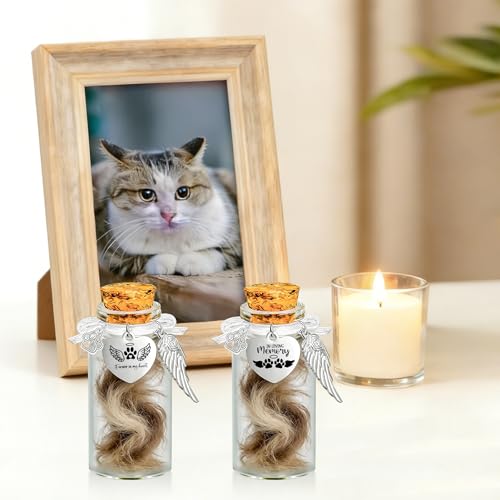Gredstar Pet Memorial Glass Jar, Round Pet Fur Keepsake Bottle | 2 Glass Bottles Included, Round Glass Design, Cork Stopper, Paw Print Detail, Fur Hair Ashes Storage, Memorial Display