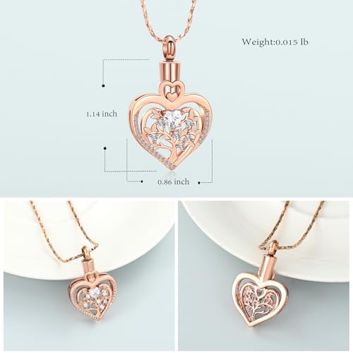 Imrsanl Tree of Life Heart Urn Necklace for Ashes Loved Ones Keepsake Cremation Jewelry Funeral Memorial Ashes Holder Pendant for Women - color: Rose Gold-White