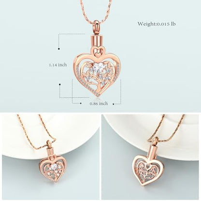 Imrsanl Tree of Life Heart Urn Necklace for Ashes Loved Ones Keepsake Cremation Jewelry Funeral Memorial Ashes Holder Pendant for Women - color: Rose Gold-White