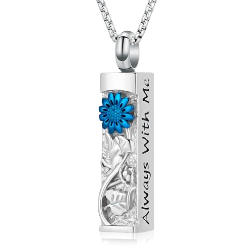 Sunflower Urn Necklace for Ashes Cylinder Ashes Pendant Flower Celtic Cremation Jewelry Keepsake Urn Pendant Vial Memorial Jewelry for Ashes for Women Men Always with Me - color: Blue