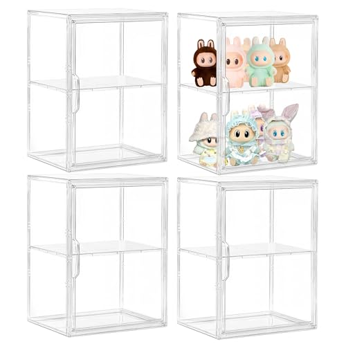 Large Clear Acrylic Display Case for Figure Collectibles 4 Pack | Movable Divider, Clear Dustproof Magnetic Door, Easy to Clean, 2-Tier, Easy to Assemble, Adjustable Storage Boxes - size: Large 4 pack