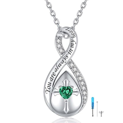 ZOEXUE Infinity Cross Cremation Jewelry - S925 Sterling Silver Cross Urn Necklace for Women - Birthstone Cross with Heart CZ Ashes Keepsake Pendant Memorial Urn Jewelry Gift for A Loss Loved Ones - color: Green