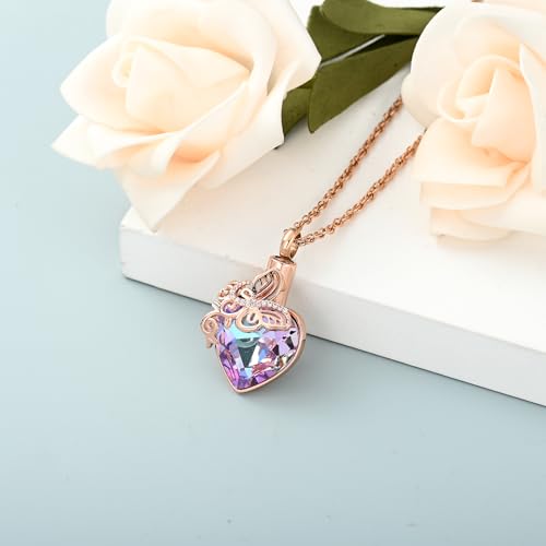 shajwo Butterfly Heart Urn Necklaces Cremation Jewelry for Ashes for Women Men Memorial Human Ashes Pendant - color: 1-Rose Gold-Purple