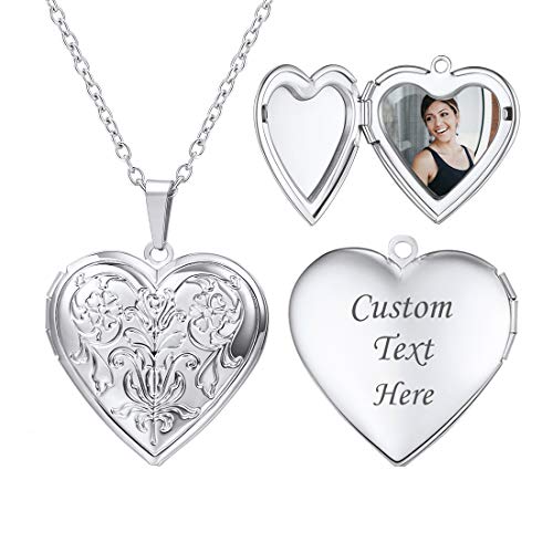 U7 Women Locket Necklace, Heart Photo Lockets Hold Picture, Gift Box Packed - color: 02# Platinum*Flower Grain
