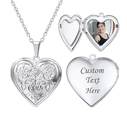 U7 Women Locket Necklace, Heart Photo Lockets Hold Picture, Gift Box Packed - color: 02# Platinum*Flower Grain