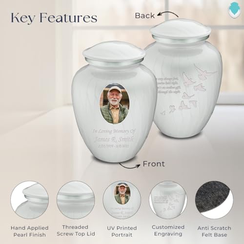 Embrace Adult Personalized Doves Cremation Urns for Human Ashes I Large Picture Pearl White Funeral Urn for Adult Men and Women with Double Side Engraving I 200 lbs - color: _Pearl White (Double Sided)