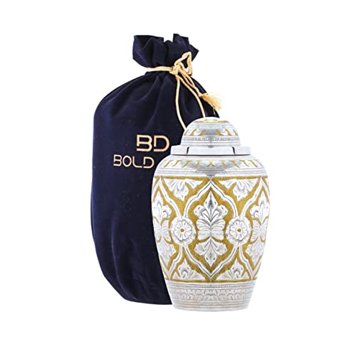 BOLD & DIVINE Cremation Urn for Human Ashes Adult Brass Funeral Urn |Metal Hand Engraving Large Urn | for Adults Display Burial at Home or in Niche at Columbarium (Silvery Shine/Golden Decoration) - color: Silvery Shine / Golden Decoration