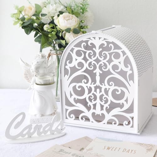 OurWarm White Card Box for Wedding, Arch-Shaped Boho Wooden Gift Card Box | Large Capacity, Arch Hollow Window Design, Card Box for Party, Wedding, Birthday, Graduation, Baby Shower, Home Table Decor - color: White