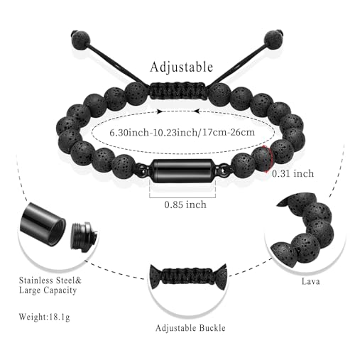 Oinsi Lava Rock Bracelet With Tube Memorial Urn Jewelry For Ashes Of Loved Ones Keepsake Cremation Bracelet Women Men Adjustable Length - color: Black