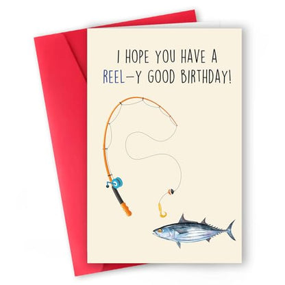 Funny Fishing Birthday Gift for Him Her, Fishing Pun Card for Men Women | Funny Birthday Card for Fishing Lovers, “REEL-y Good Birthday” Greeting Card with Envelope - color: New WY-238
