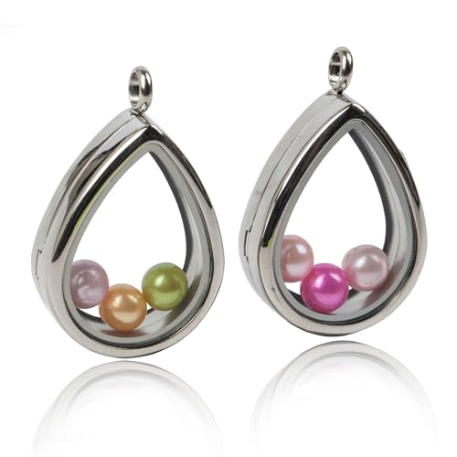 2PCS 30MM Floating Charm Locket Necklace with 6 Freshwater Pearls/Beads,316L Stainless Steel Clear Glass Locket,Small Waterproof Living Memory Pendant for Women(Without Chain) - color: Teardrop