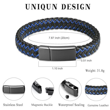 zeqingjw Cremation Memorial Urn Bracelet Made of Genuine Leather, Stainless Steel Cremation Bangle Keepsake Urn Bracelet for Ashes - color: Blue-20CM