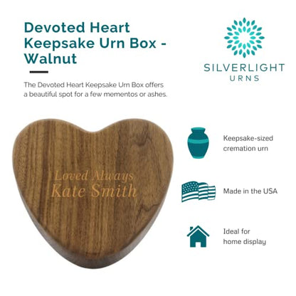 Custom Engraved Devoted Heart Walnut Keepsake Urn Box, Heart Shaped Wooden Box for Cremated Ashes or Mementos, Keepsake Sized Cremation Urn for Ashes
